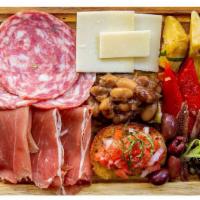 Angelo's Antipasti · Soppresata, roasted peppers, prosciutto, anchovies, olives and parmigiano.