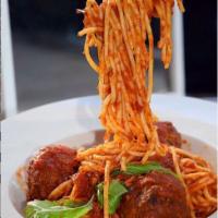 Spaghetti con Polpette · Angelo's famous meatballs.