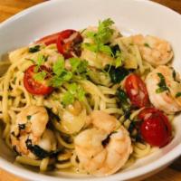 Linguine Scampignola · Linguine, shrimp, garlic, olive oil and herbs.