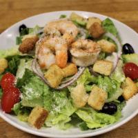 Caesar Salad with Shrimp · Crisp romaine, croutons, Romano cheese, tomato, kalamata olives and onion combined with clas...