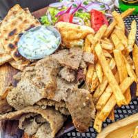 Lamb & Beef Gyro Platter · Double portion of our slow roasted, Hand-stacked Lamb & Beef Gyro over our Handcut Fries or ...