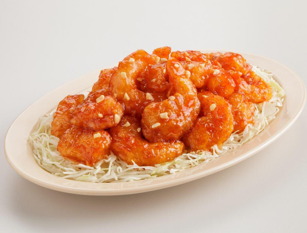 Chili Shrimp · Deep fried shrimp are served with sweet and spicy chili sauce peanut on top.