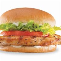 Grilled Chicken Sandwich · A grilled chicken fillet topped with crisp chopped lettuce, thick-cut tomato and mayo on a w...