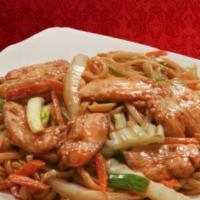 Lo-Mein · Choice of Protein, noodles, cabbage, onions, carrots stir fried in lo mein sauce.
