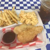 2-Pc Chicken Tenders · 2 pc Chicken Tender Kids Meal with choice of side a cookie and a beverage
