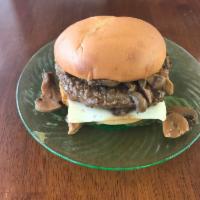 Mushroom Swiss Burger · Hamburger with mushrooms and sauce, swiss cheese and your choice of toppings on a soft Potat...