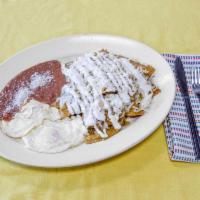 Chilaquiles and Eggs · Served with 2 eggs style and beans. Served with potatoes, beans and tortillas. Green or Red
