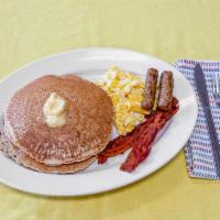 Pancakes with Eggs, Bacon and Sausage · 2 Pancakes.