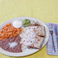 Quesadillas Combo · Served with rice and beans.
Choice of: chicken or beef
Cheese 