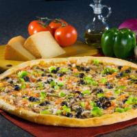 Vegetable Pizza · homemade Pizza Crust, Fresh Chopped Tomatoes. Chopped Onions, Chopped Peppers, Chopped Brocc...