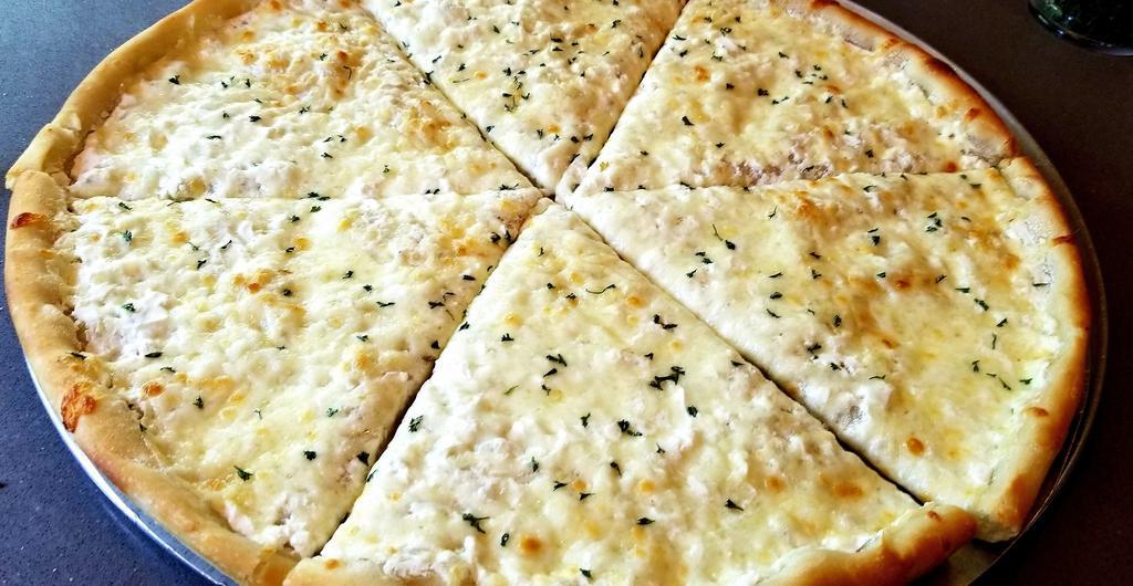 White  Pizza · homemade Pizza Crust, Ricotta Cheese, Romano Cheese, Mozzarella Cheese, Garlic