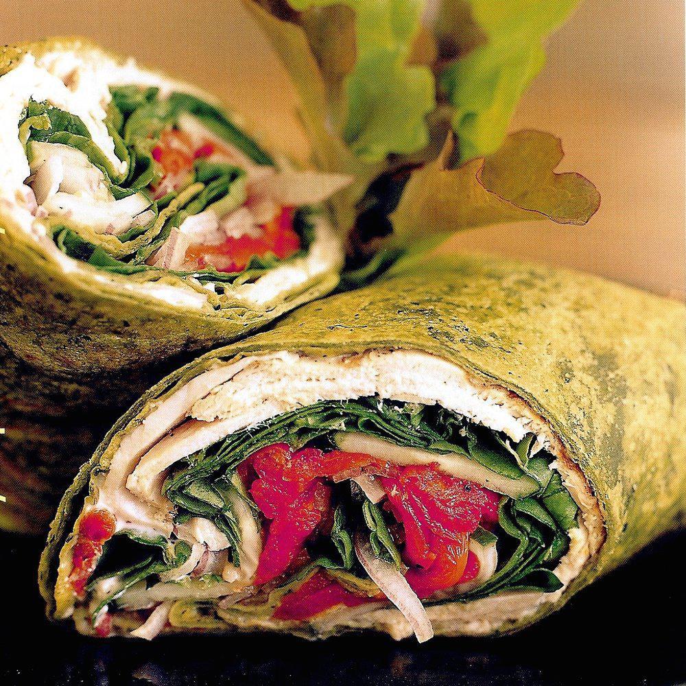 California Turkey Wrap · Sliced grilled turkey, with avocado, lettuce, roast pepper with sour cream on a whole wheat wrap.