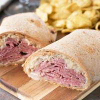  OHM Wrap · Hot pastrami and corned beef with melted Swiss cheese, coleslaw, sauerkraut with Russian dre...