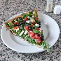 Arugula Salad Slice · Arugula, diced tomato, olive, fresh mozzarella, and diced avocado.