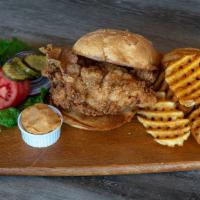 Buttermilk Fried Chicken Sandwich · Mary's fried chicken breast sandwich with crisp veggies and mayo on the side.