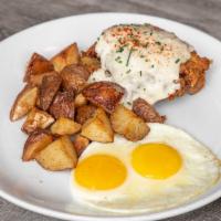 Fried Chicken and Gravy Breakfast · Served with gravy, 2 fried eggs, and roasted potatoes