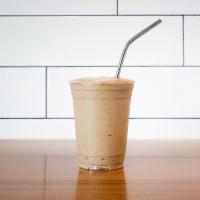 Coffee Banana Protein Smoothie · Coffee ice cubes, almond milk, banana, chia and hemp seeds, protein.