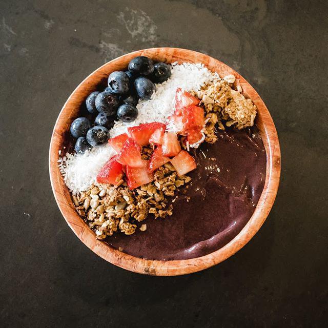 GI Original Acai Bowl · Blended unsweetened acai and frozen banana with coconut milk. Topped with granola (nut free, gluten free), strawberry and unsweetened coconut flake.