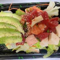 Sashimi salad · Salmon ,tuna ,white tuna and avocado over mix green salad. Mixed with chef’s special sauce. 