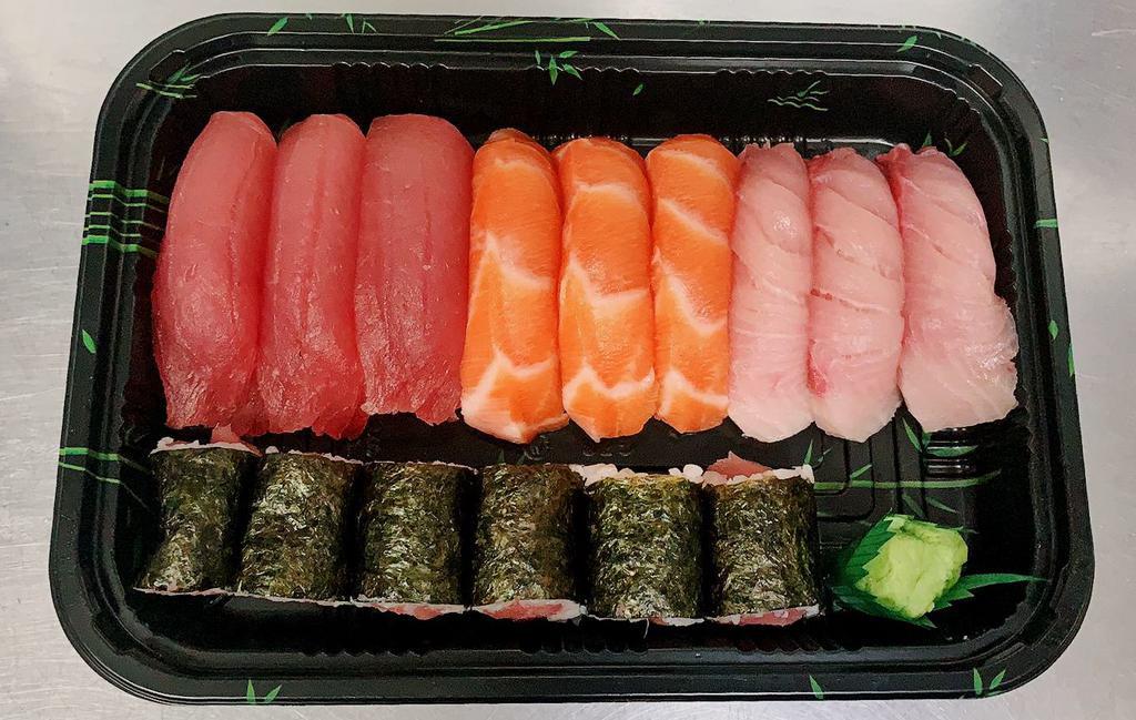 Tricolor sushi  · Come with 3pcs salmon, 3 pcs tuna, and 3 pcs yellowtail. Choice of salmon roll, tuna roll  or yellowtail roll 