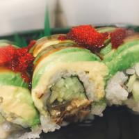 Dragon Roll · Eel cucumber wrapped with avocado and tobiko. 