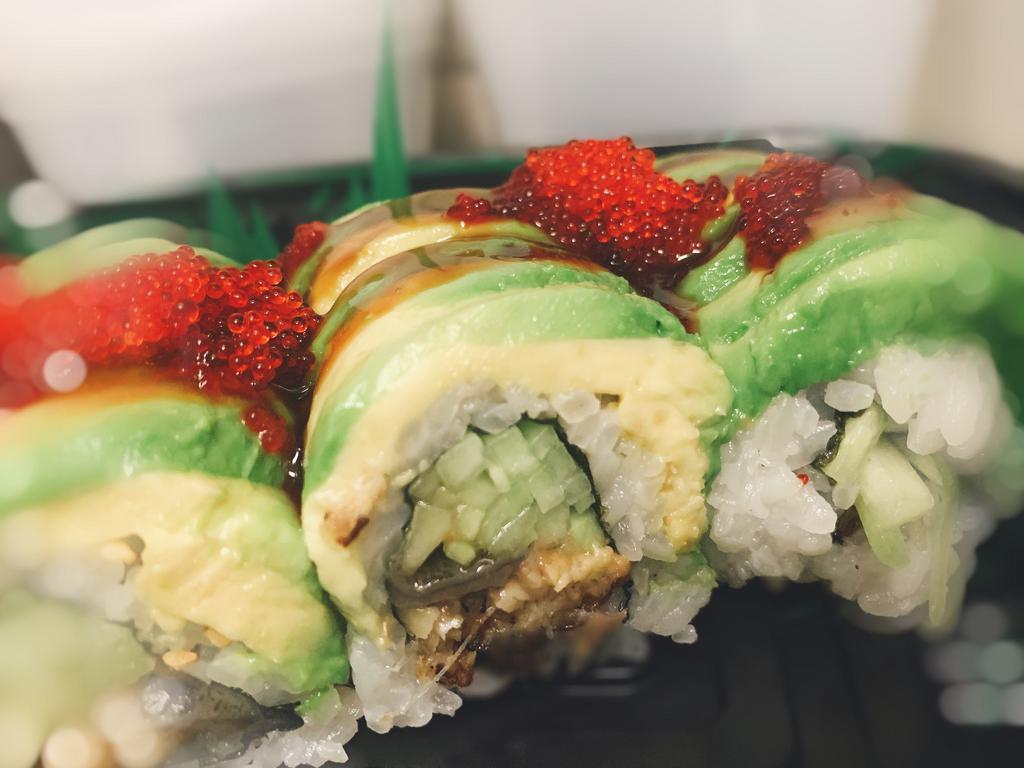 Dragon Roll · Eel cucumber wrapped with avocado and tobiko. 
