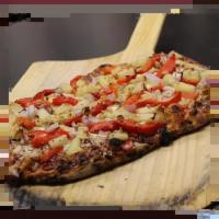Roman Smokey Pollo Pizza · Smokey bourbon BBQ sauce, grilled chicken, bacon, red onion, red peppers, pineapple, shredde...