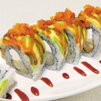 Green Dragon Roll · Shrimp tempura and cream cheese, avocado on top with eel sauce and masago on top.