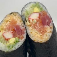 Sushi Burrito · Tuna,Salmon,Kani,Avocado,Cucumber,
Lettuce,wrapped with sushi rice and seaweed,with special ...