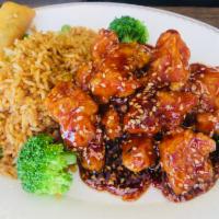 Sesame Chicken Combo Platter · serve with fried rice and pork egg roll