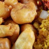  Sweet and Sour Chicken (all white meat) Combo Platter · serve with fried rice and pork egg roll