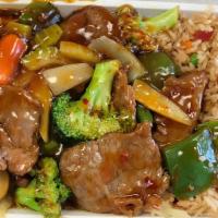  Beef in Garlic Sauce Combo Platter · serve with fried rice and pork egg roll
