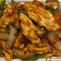 93. Chicken with Garlic Sauce · with all white meat chicken and fresh vegetables in slightly spicy sweet garlic sauce