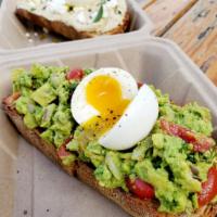 Avocado Toast · One large avocado smashed with cherry tomatoes, red onion, herbs (contains dill), garlic, sa...