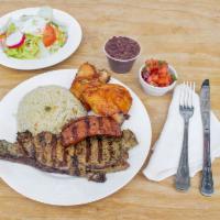 Asado Salvadoreno · Grilled steak, 1/4 chicken and sausage with rice, beans and pico de gallo and salad carne as...