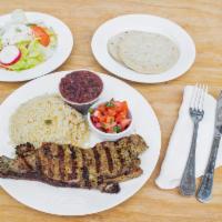 Carne Asada · Grilled New York strip steak, with rice, beans and pico de gallo carne asada: arroz, frijole...