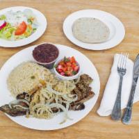 Bistec Ensebollado · Steak with sauteed onions: with rice and salad bisctec encebollado: arroz, frijoles y ensala...