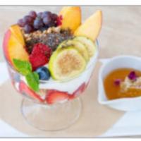 Yogurt Parfait · Crunchy granola layered with organic Greek yogurt and organic seasonal fruits. Substitute wi...