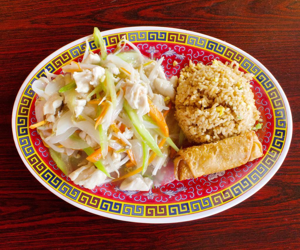 1. Chicken Chow Mein Plate · Served with fried rice, soup, chicken wings and egg roll.