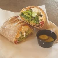 Mediterranean Veggie Medley Wrap · Chopped romaine, feta, hummus and roasted red peppers.