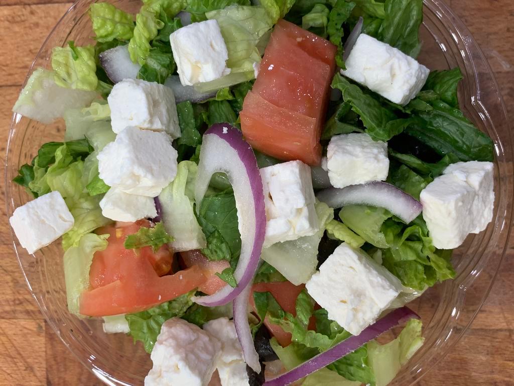 Greek Salad · Iceberg lettuce , tomatoes,cucumbers,black olives & onions Topped with feta cheese