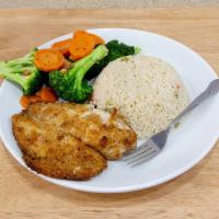 Fried Tilapia · Oven baked fillet tilapia,Served with vegetables and rice.