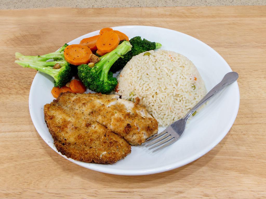 Fried Tilapia · Oven baked fillet tilapia,Served with vegetables and rice.