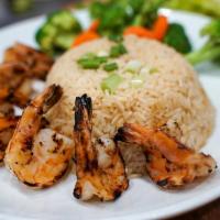Grilled Shrimp · Grilled Shrimp in garlic sauce Served with vegetables and rice.