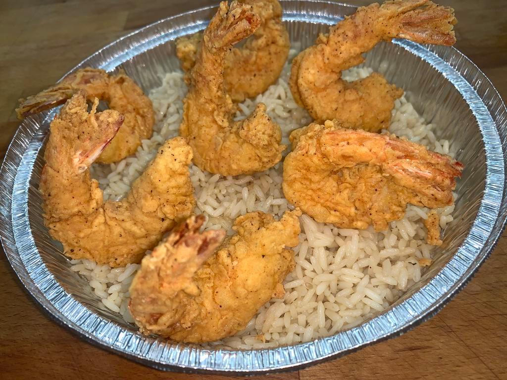 Fried Shrimp · Served with vegetables and rice.