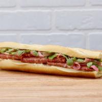 Pret's Italian Baguette  · Prosciutto, sopressata, and provolone layered on a freshly baked baguette, topped with pickl...