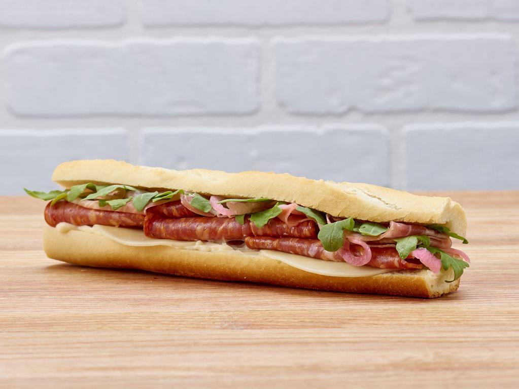 Pret's Italian Baguette  · Prosciutto, sopressata, and provolone layered on a freshly baked baguette, topped with pickled red onions, cage-free mayo, and arugula.