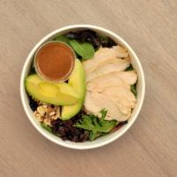Chicken Avocado Salad · Grilled chicken (antibiotic-free) nestled in a bed of mesclun with avocado and tomatoes topp...