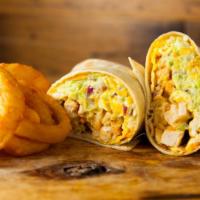 Southwestern Breakfast Burrito · Two farm fresh eggs, cheddar cheese, grilled chicken, guacamole, jalapeños, seasoned home fr...