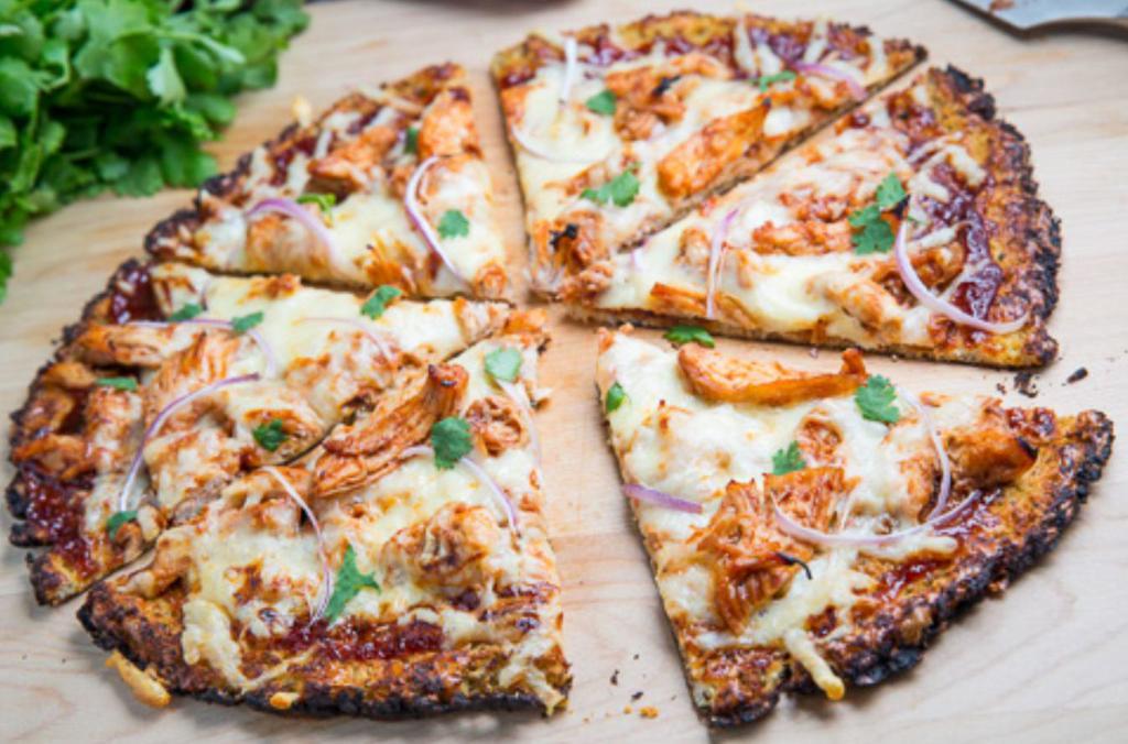 Vegan Cheese and BBQ Chick'n Cauliflower Crust Pizza Plant Based Gluten Free · 10